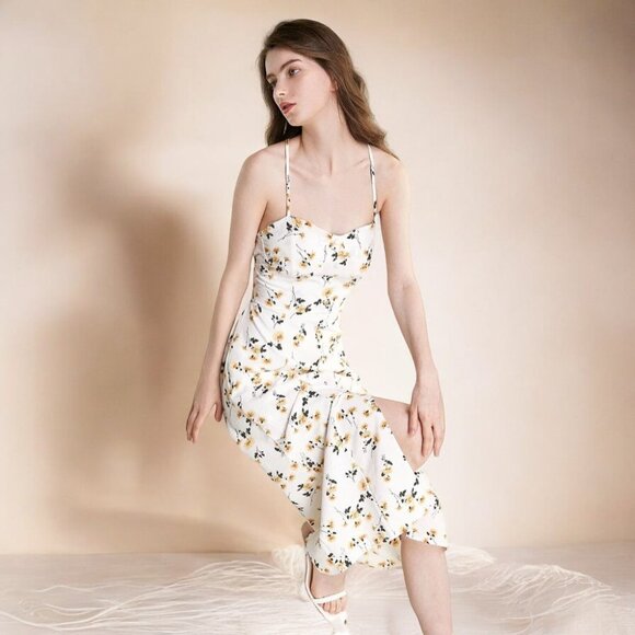 NWT J.ING Cream Floral Open Back Midi Dress - Picture 4 of 4